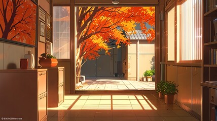 Autumn-themed anime interior, orange tones, falling leaves outside, warm lighting