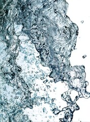 Close-up of dynamic water splashes, textured with various shades of blue and white