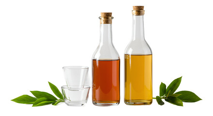 Clear Glass Bottles of Cooking Oil and Vinegar with Fresh Green Leaves