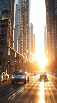 City street at sunset with traffic vehicles.