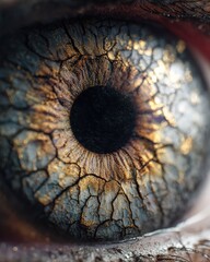 A macro view of a human iris, its intricate patterns morphing into subtle symbols like cracked earth.