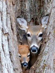 Two fawn-colored deer, one nestled close to another, peek out from a tree cavity, bathed in soft, natural light.