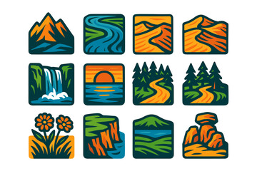 Bold nature icons collection featuring mountains, rivers, and forests in vibrant colors