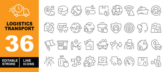 Logistics Transport line icon set. Truck, map, dollar, chart, flag, suitcase, earth, ship, steering wheel, rocket, briefcase, car, building, paper, gear, laptop, container, clock. Editable stroke 