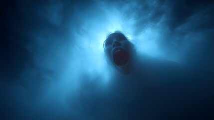 Screaming Face with Glowing Eyes in Fog