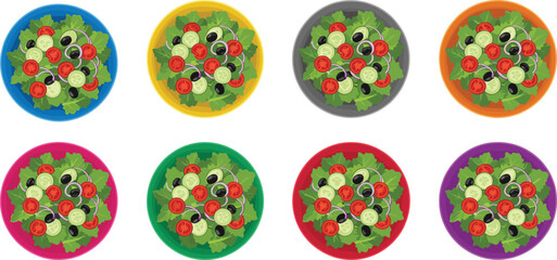 Top view vector illustration of colorful salad bowls with fresh vegetables including tomato, cucumber, olive, perfect for healthy food concepts.Top view 