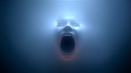 Screaming Face with Glowing Eyes in Fog