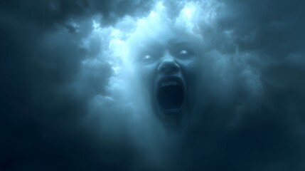 Screaming Face with Glowing Eyes in Fog