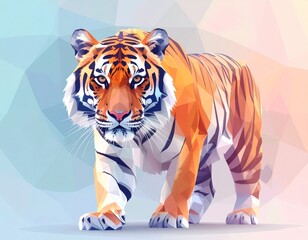 A powerful tiger walking forward, created in a vibrant, modern low poly geometric style. This dynamic illustration symbolizes strength, determination, and raw nature.