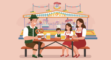 A delightful flat design illustration of a Bavarian family enjoying pretzels and soft drinks at an Oktoberfest fairground, showcasing family-friendly fun.