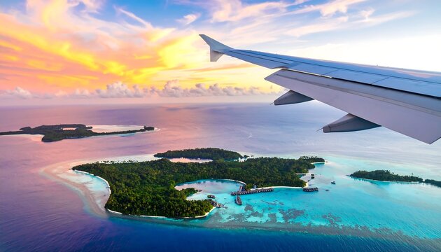 Aerial view of tropical islands at sunset from an airplane window