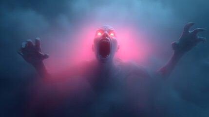 Screaming Face with Glowing Eyes in Fog