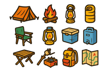 Camping essentials icons: tent, bonfire, lantern, map, backpack, sleeping bag