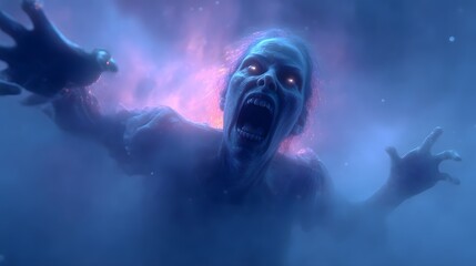 Screaming Face with Glowing Eyes in Fog