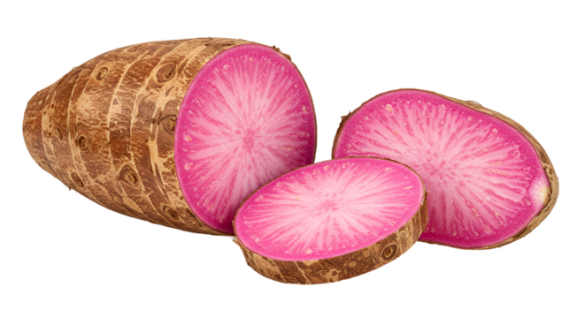 Vibrant Pink Yam Root Sliced with Radial Pattern on Gradient Background