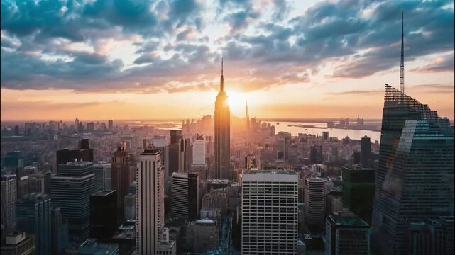 Breathtaking City Skyline at Sunrise With Iconic Skyscrapers and Vibrant Orange Sky Illuminating the Urban Landscape Modern Architecture Cityscape Panorama Towering Buildings