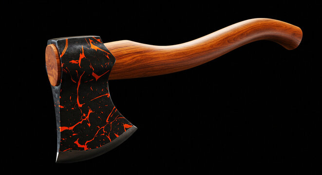 Striking designer axe with intricate red abstract pattern on black steel and polished wood handle