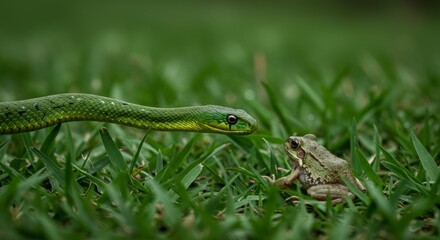 Green Snake Stares Down a Tiny Frog in a Verdant Grassy Meadow