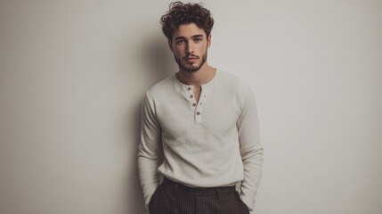 Obraz premium Young man with stylish curly hair wearing a white sweater poses confidently against a neutral background for an elegant fashion portrait or lifestyle shoot