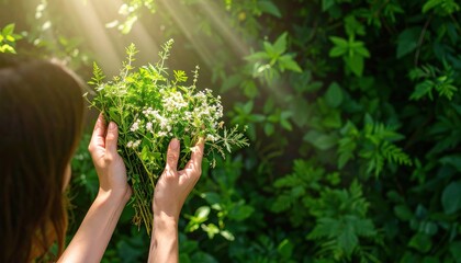 Woman Carefully Inspecting a Freshly Picked Bundle of Wild Herbs Outdoors