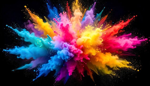 Vibrant explosion of colorful powder with a black background, abstract concept
