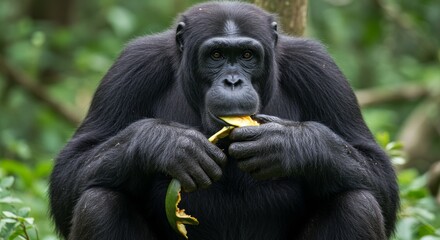 Naklejka premium Portrait of a Majestic Gorilla Enjoying a Meal in its Natural Habitat