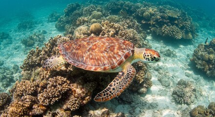 Obraz premium Green Sea Turtle Resting Peacefully on a Vibrant Coral Reef Habitat