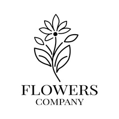 Minimalist black outline flower icon with leaves and stem. Botanical design concept for flowers company, beauty salon. Vector illustration for logo, emblem