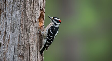 Downy Woodpecker Perched on a Tree Trunk Exploring a Nesting Hole