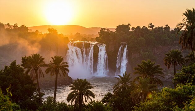 Dramatic Golden Hour at the Blue Nile Falls, Ethiopia, creating a serene scenery