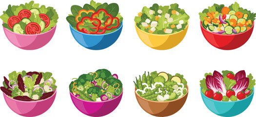 Vector illustration of colorful fresh vegetable salad bowls with tomatoes, cucumbers, leafy greens, broccoli, peas, healthy diet, nutrition, organic food, clean eating concept.