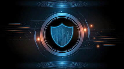 Futuristic digital shield icon protecting data and network against cyber threats and security breaches