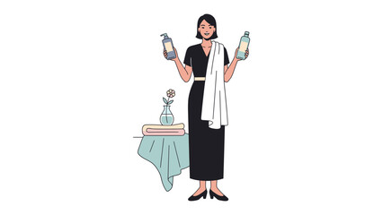 Elegant 1920s flapper woman in a black dress holding perfume bottles by a vintage side table with flowers and books