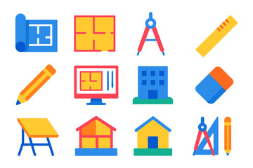 Fototapeta premium Colorful set of architecture and drafting tools icons for design projects