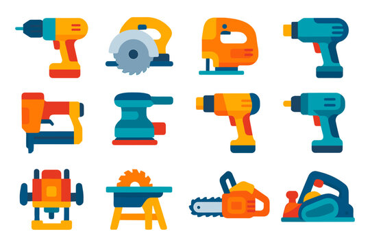 Colorful flat icon set of power tools for diy projects