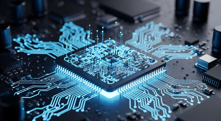 Closeup view of a glowing blue central processing unit cpu on a complex printed circuit board pcb with intricate pathways and electronic components, symbolizing advanced technology