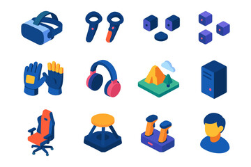 Fototapeta premium Modern gaming set: isometric vr, gadgets, headset and gaming essentials