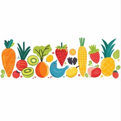 Flat vector illustration showcases an array of colorful fruits and vegetables with a little blue Bird Generative AI