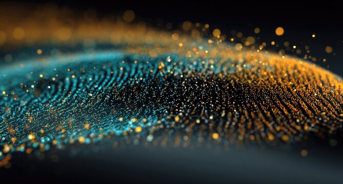 Abstract, swirling, particle, patterns of teal and gold, digital art