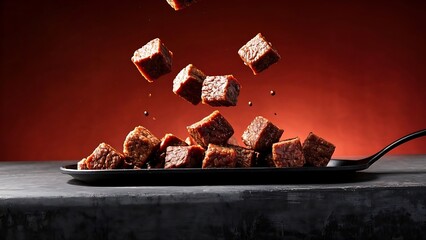 Cubes of food being tossed into the air above a plate, set against a warm, reddish background.