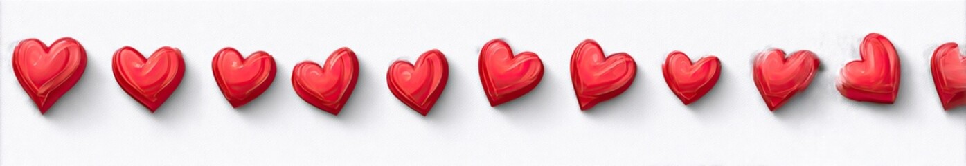 A horizontal row of ten small, red hearts on a white background