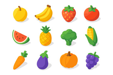 Fototapeta premium Colorful isometric fruits and vegetables collection with fresh produce variety