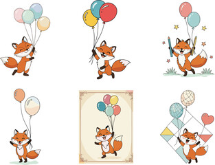 Cute cartoon fox holding colorful balloons in playful poses, cheerful animal character for birthday, celebration, party, festive, and decorative design themes