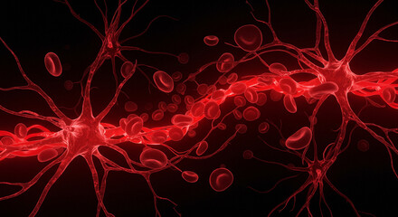 Vibrant red neurons with blood cells flowing through synapses, symbolizing life and communication