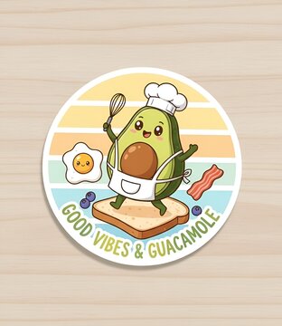 Naklejki a cheerful avocado chef dancing on toast