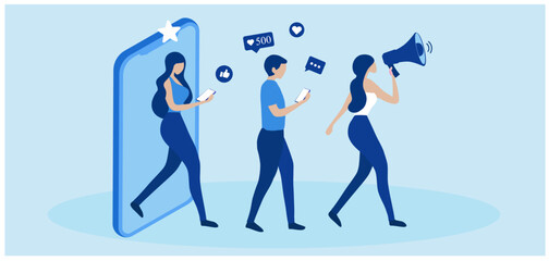 people shouting in loud speaker with social media icons. Influencer social media marketing, blogger, vlogging, social influencer and influencer marketing concept vector illustration