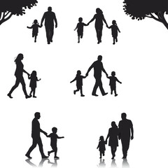Fototapeta premium Silhouettes of families walking together in nature, depicting parents holding hands with their children