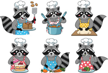 Cute cartoon raccoon chefs cooking various delicious foods in colorful aprons, baking, decorating cakes, preparing vegetables, kneading dough, and serving meals