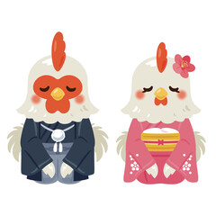 晴れ姿の酉年のキャラクター　男女　お辞儀