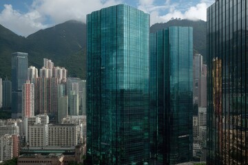 Fototapeta premium Skyscrapers pierce a city skyline.